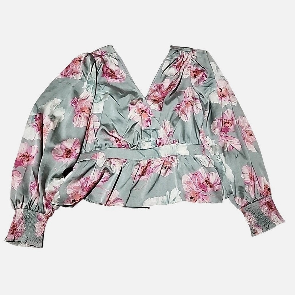 Express Floral Satin Peplum Top Sage Green Pink Tie Back Balloon Sleeve Large